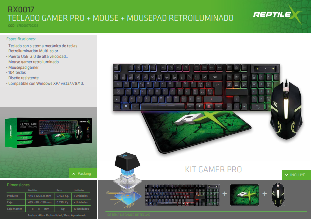 Teclado Gamer Pro + Mouse + Mousepad Retroiluminado - RX0017 - Reptilex